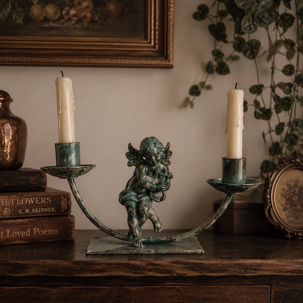 Vintage Cherub Candle Holder Distressed Angel Candelabra Romantic Whimsygoth